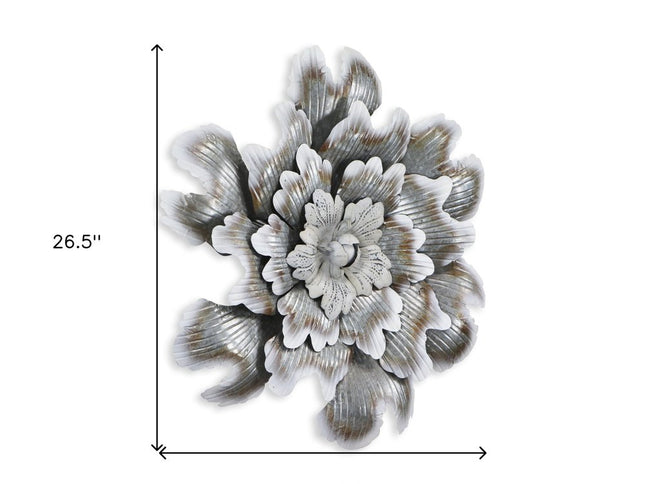 27" X 27" Gray and Off White Galvanized Metal Flower Hanging Dimensional Sculpture