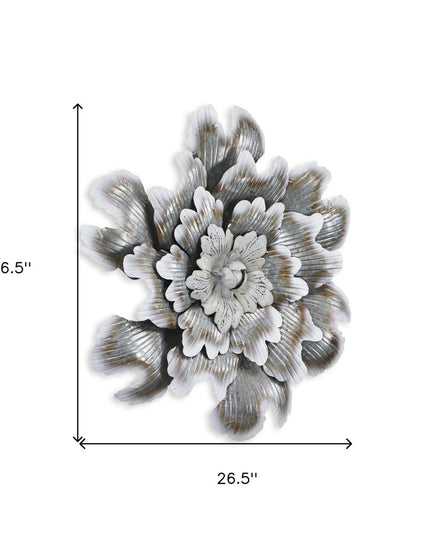 27" X 27" Gray and Off White Galvanized Metal Flower Hanging Dimensional Sculpture