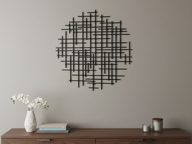 30" X 30" Black Metal Abstract Lines Round Hanging Dimensional Sculpture