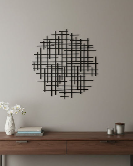 30" X 30" Black Metal Abstract Lines Round Hanging Dimensional Sculpture