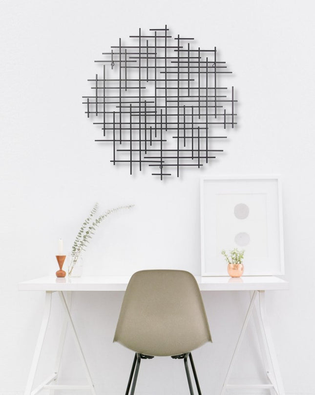 30" X 30" Black Metal Abstract Lines Round Hanging Dimensional Sculpture