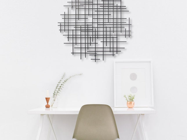 30" X 30" Black Metal Abstract Lines Round Hanging Dimensional Sculpture