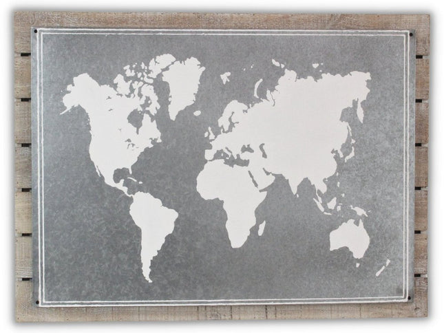 25" X 34" Brown and Gray Wood and Metal World Map Hanging Dimensional Sculpture