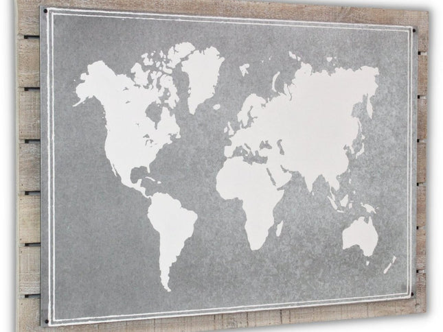 25" X 34" Brown and Gray Wood and Metal World Map Hanging Dimensional Sculpture