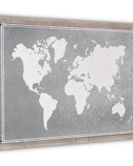 25" X 34" Brown and Gray Wood and Metal World Map Hanging Dimensional Sculpture