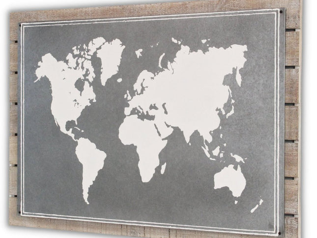 25" X 34" Brown and Gray Wood and Metal World Map Hanging Dimensional Sculpture