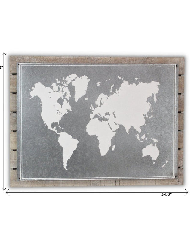 25" X 34" Brown and Gray Wood and Metal World Map Hanging Dimensional Sculpture