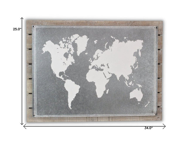25" X 34" Brown and Gray Wood and Metal World Map Hanging Dimensional Sculpture