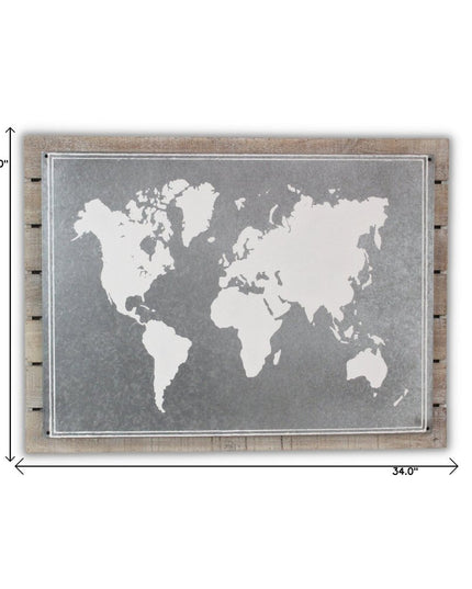 25" X 34" Brown and Gray Wood and Metal World Map Hanging Dimensional Sculpture