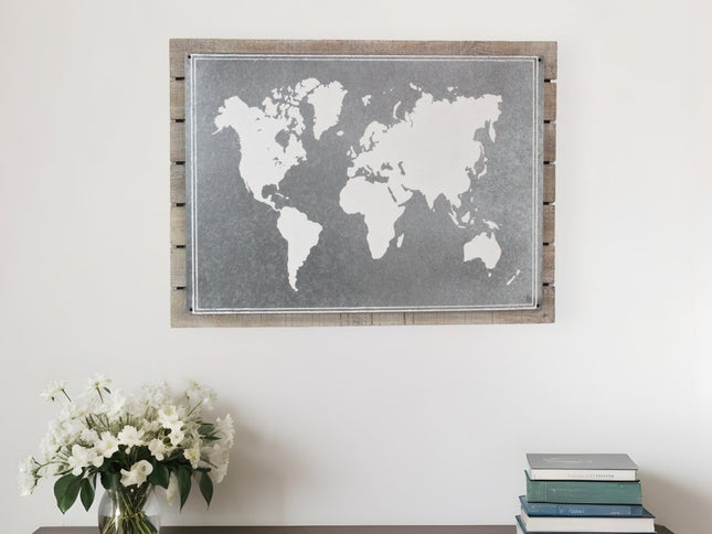 25" X 34" Brown and Gray Wood and Metal World Map Hanging Dimensional Sculpture