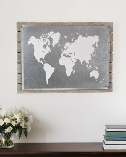 25" X 34" Brown and Gray Wood and Metal World Map Hanging Dimensional Sculpture