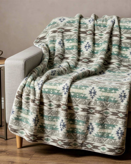 50" X 60" Ivory Gray And Green Faux Sherpa Southwestern Throw Blanket