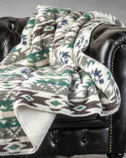 50" X 60" Ivory Gray And Green Faux Sherpa Southwestern Throw Blanket
