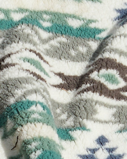 50" X 60" Ivory Gray And Green Faux Sherpa Southwestern Throw Blanket