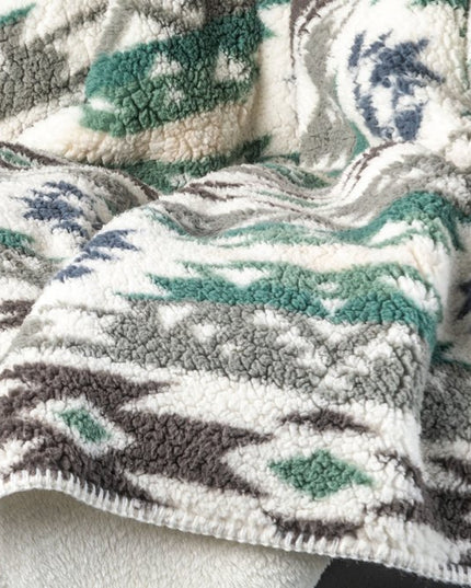 50" X 60" Ivory Gray And Green Faux Sherpa Southwestern Throw Blanket
