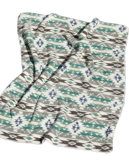 50" X 60" Ivory Gray And Green Faux Sherpa Southwestern Throw Blanket