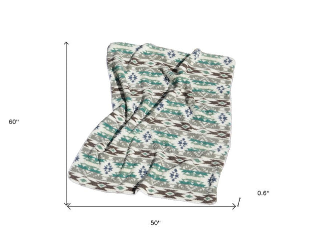 50" X 60" Ivory Gray And Green Faux Sherpa Southwestern Throw Blanket