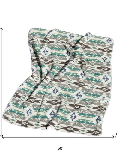 50" X 60" Ivory Gray And Green Faux Sherpa Southwestern Throw Blanket