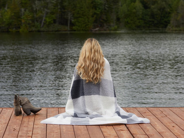 50" X 60" Gray And Ivory Faux Sherpa Plaid Throw Blanket