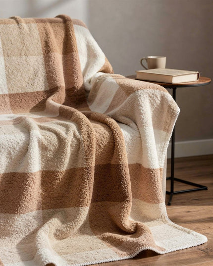 50" X 60" Ivory And Taupe Faux Sherpa Plaid Throw Blanket