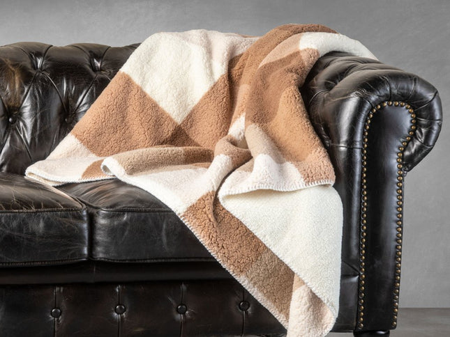 50" X 60" Ivory And Taupe Faux Sherpa Plaid Throw Blanket
