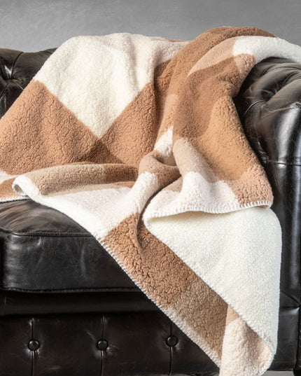50" X 60" Ivory And Taupe Faux Sherpa Plaid Throw Blanket