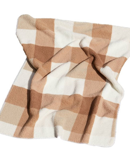50" X 60" Ivory And Taupe Faux Sherpa Plaid Throw Blanket