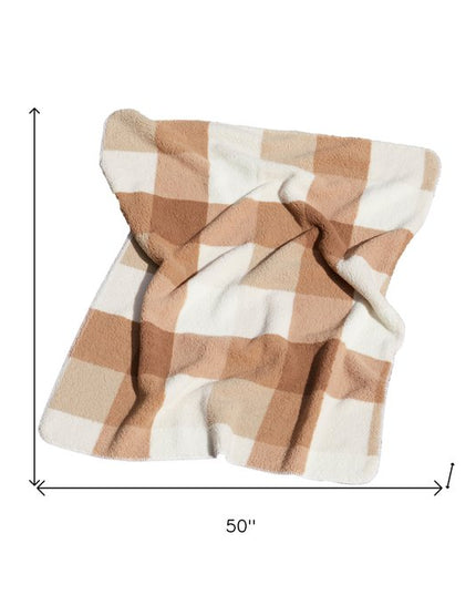50" X 60" Ivory And Taupe Faux Sherpa Plaid Throw Blanket