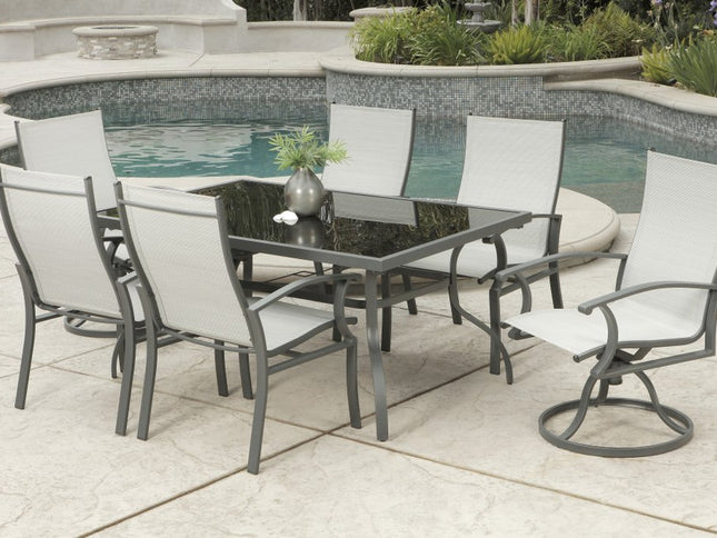 Seven Piece Black and Gray Rectangular Glass Dining Set with Six Chairs