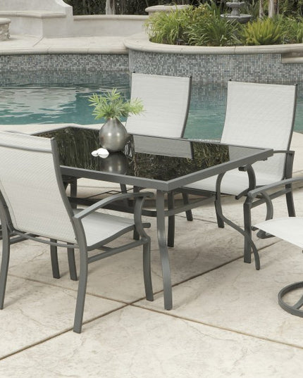 Seven Piece Black and Gray Rectangular Glass Dining Set with Six Chairs