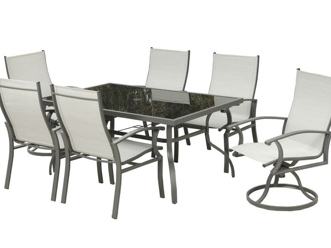 Seven Piece Black and Gray Rectangular Glass Dining Set with Six Chairs