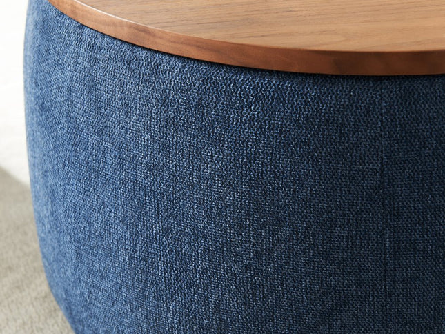 26" Blue and Brown Fabric And Wood Reversible Tray Top Round Storage Ottoman