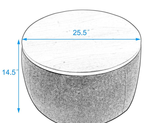 26" Blue and Brown Fabric And Wood Reversible Tray Top Round Storage Ottoman