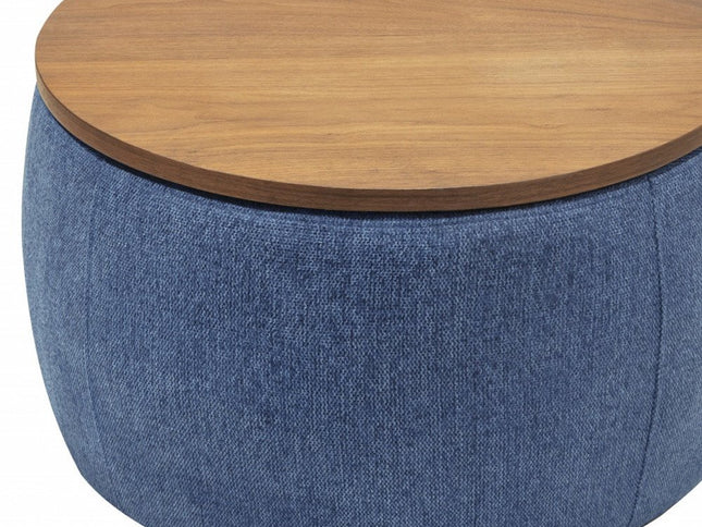 26" Blue and Brown Fabric And Wood Reversible Tray Top Round Storage Ottoman