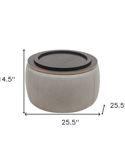 26" Gray and Natural Fabric And Wood Reversible Tray Top Round Storage Ottoman