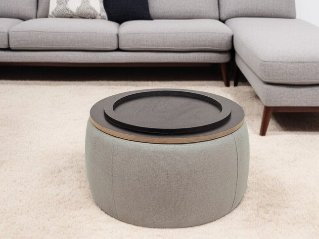 26" Gray and Natural Fabric And Wood Reversible Tray Top Round Storage Ottoman