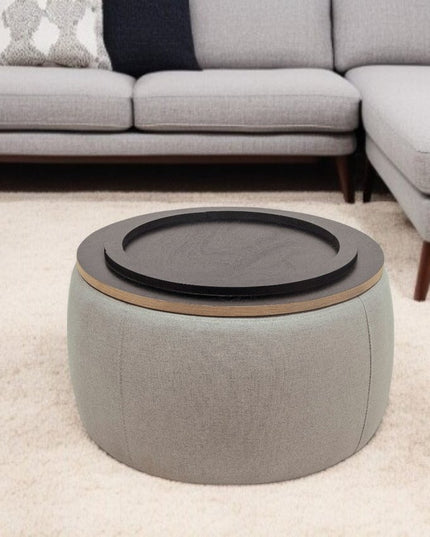 26" Gray and Natural Fabric And Wood Reversible Tray Top Round Storage Ottoman