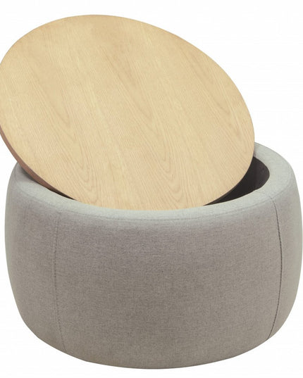 26" Gray and Natural Fabric And Wood Reversible Tray Top Round Storage Ottoman