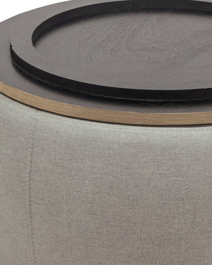 26" Gray and Natural Fabric And Wood Reversible Tray Top Round Storage Ottoman
