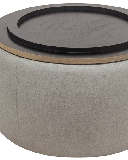 26" Gray and Natural Fabric And Wood Reversible Tray Top Round Storage Ottoman
