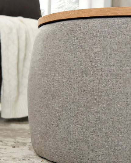 26" Gray and Natural Fabric And Wood Reversible Tray Top Round Storage Ottoman