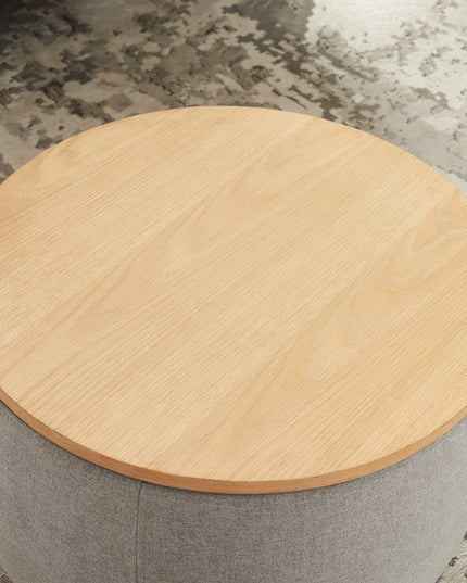 26" Gray and Natural Fabric And Wood Reversible Tray Top Round Storage Ottoman