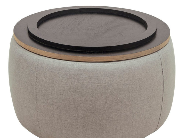 26" Gray and Natural Fabric And Wood Reversible Tray Top Round Storage Ottoman