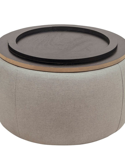 26" Gray and Natural Fabric And Wood Reversible Tray Top Round Storage Ottoman