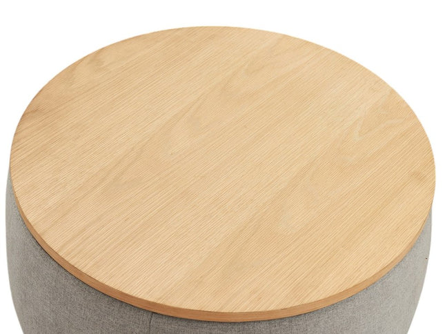 26" Gray and Natural Fabric And Wood Reversible Tray Top Round Storage Ottoman