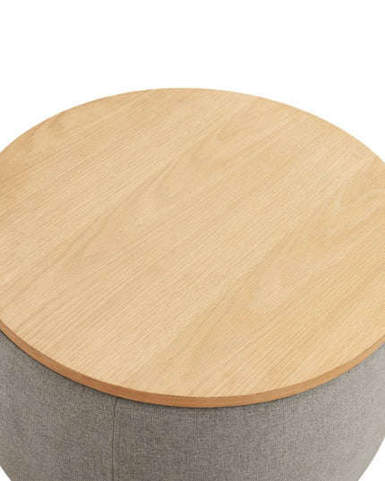 26" Gray and Natural Fabric And Wood Reversible Tray Top Round Storage Ottoman