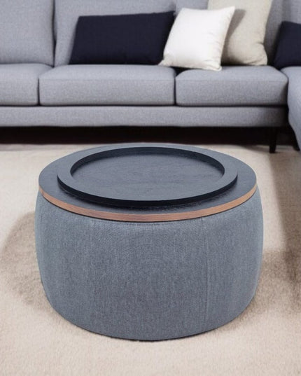 26" Dark Gray and Natural Fabric And Wood Reversible Tray Top Round Storage Ottoman