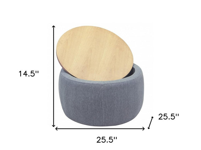 26" Dark Gray and Natural Fabric And Wood Reversible Tray Top Round Storage Ottoman
