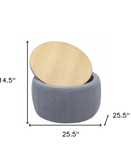 26" Dark Gray and Natural Fabric And Wood Reversible Tray Top Round Storage Ottoman