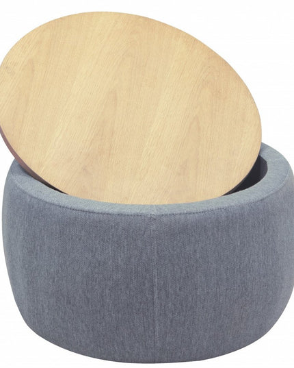 26" Dark Gray and Natural Fabric And Wood Reversible Tray Top Round Storage Ottoman